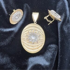 VINTAGE JF Two-Tone Modernist Pendant + Earrings Set • Gold/Silver Tone